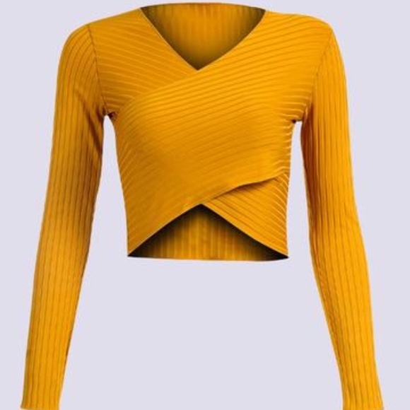 Mustard V-Neck Bandage Wrap Crop Top - Picture 1 of 3